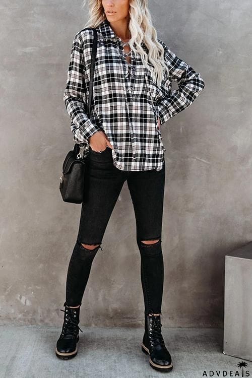 Plaid Lace Up Neck Blouse