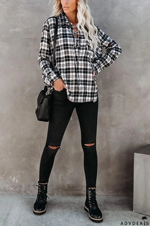 Plaid Lace Up Neck Blouse
