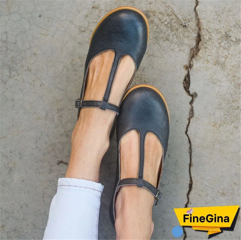 Womens Vintage Chunky Heel T-Strap Sandals