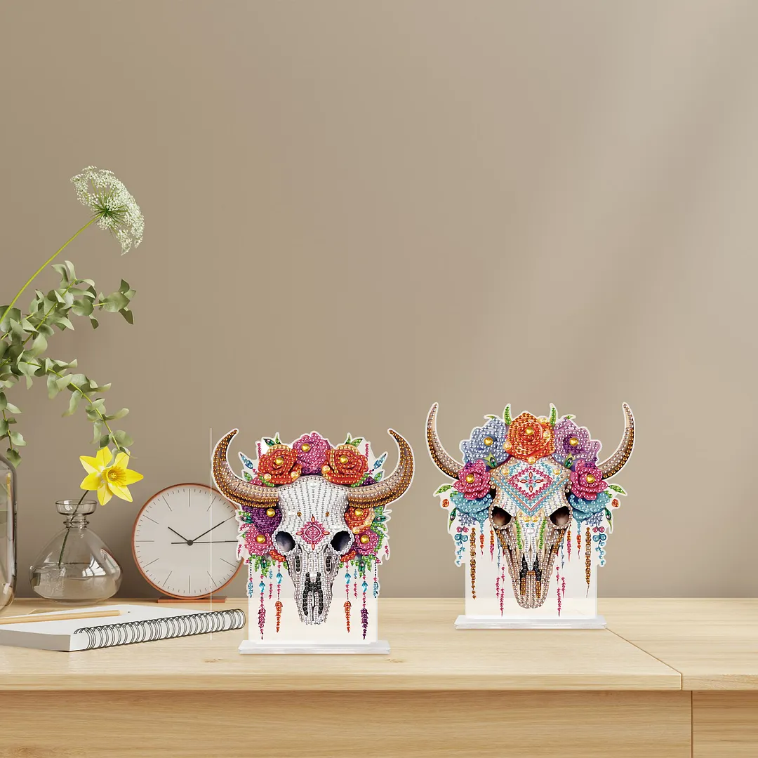 2Pcs DIY Diamond Art Tabletop Ornaments Reusable Special Gem Rhinestone Mosaic Craft Multi-Purpose Diamonds Art Suncatchers Flowers Gift for Craft Lovers (Floral Bull Skulls)