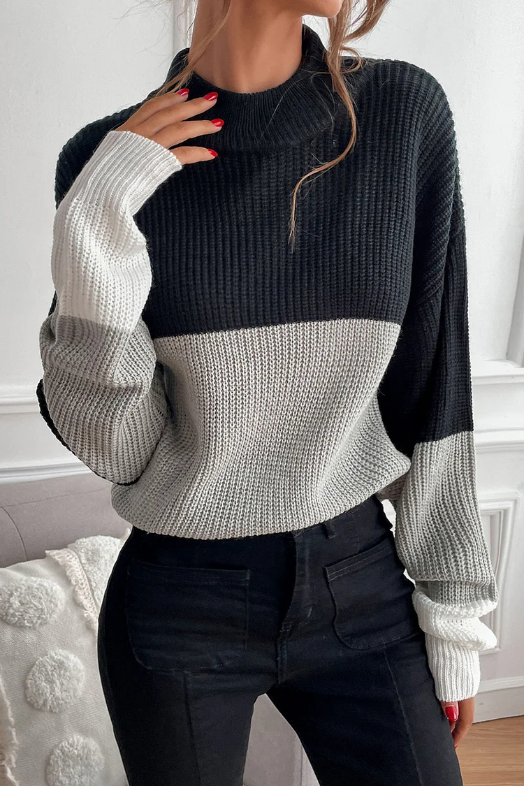 Half Turtleneck black gray Transition Stitching Sweater