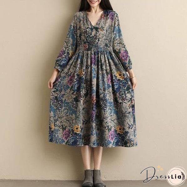 Vintage Style V-neck Print Elastic Waist Elegant A-line Ladies Casual Dress