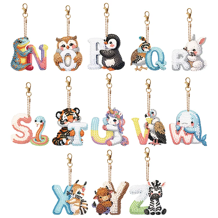 13Pcs Double Sided Special Shaped Letter Animal Full Drill Keyring for Beginners