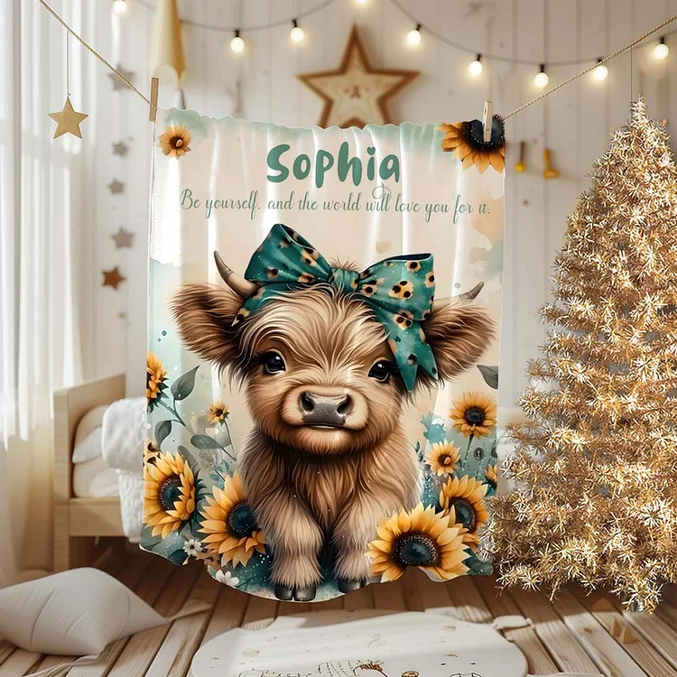 Personalized Highland Cow Pattern Blanket, Custom Name&text
