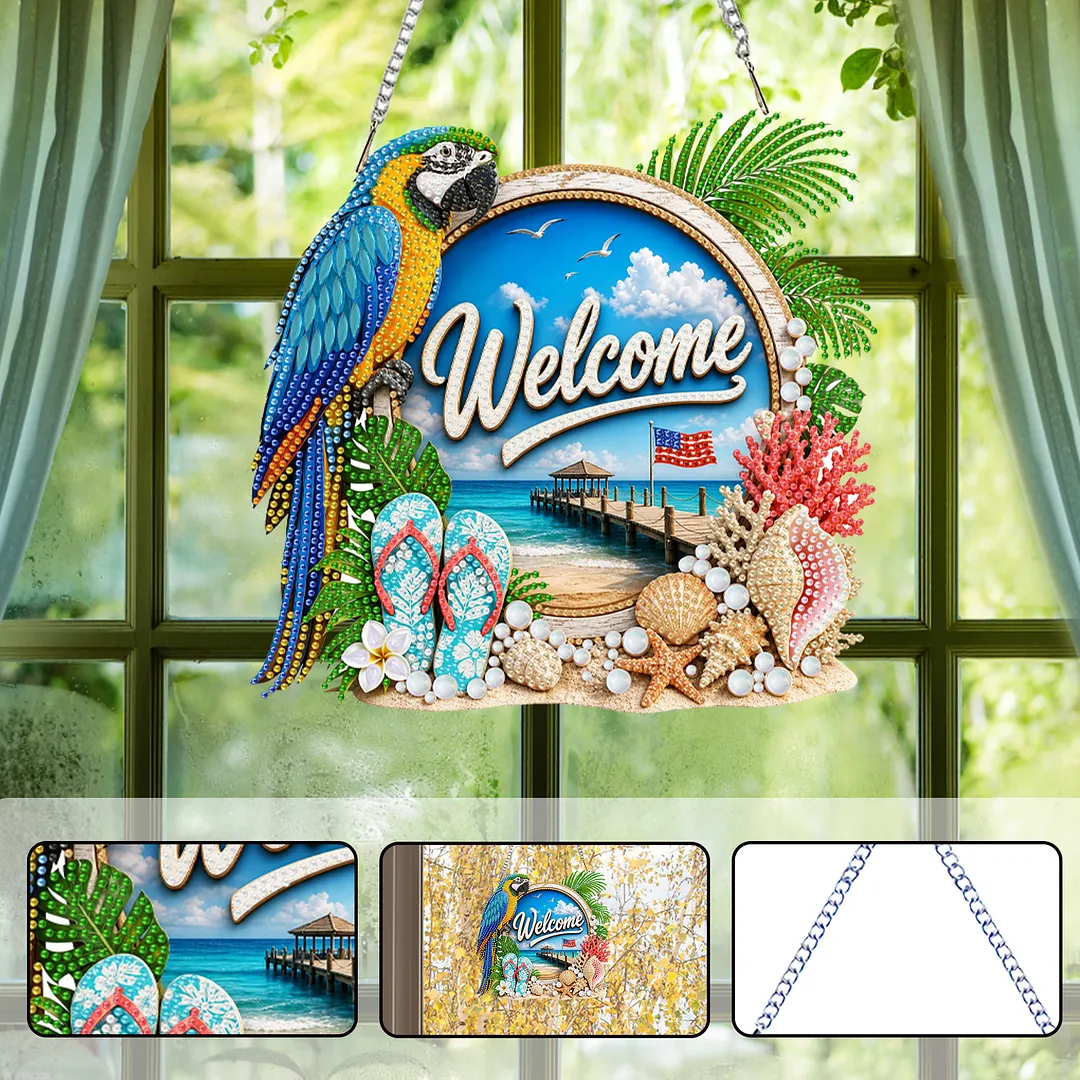 Parrot Beach Welcome Sign 2D Flat DIY PET Diamond Painting Pendant Special Shape Hanging Gem Art Paintings Charm Single Side Drill for Adults Home Wall Window Decor