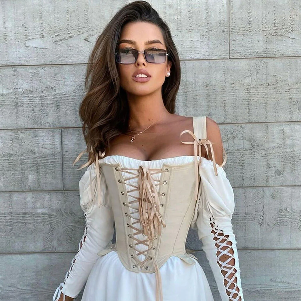Vintage Style Scalloped Edge Lace Up Boned Crop Corset Top - Apricot