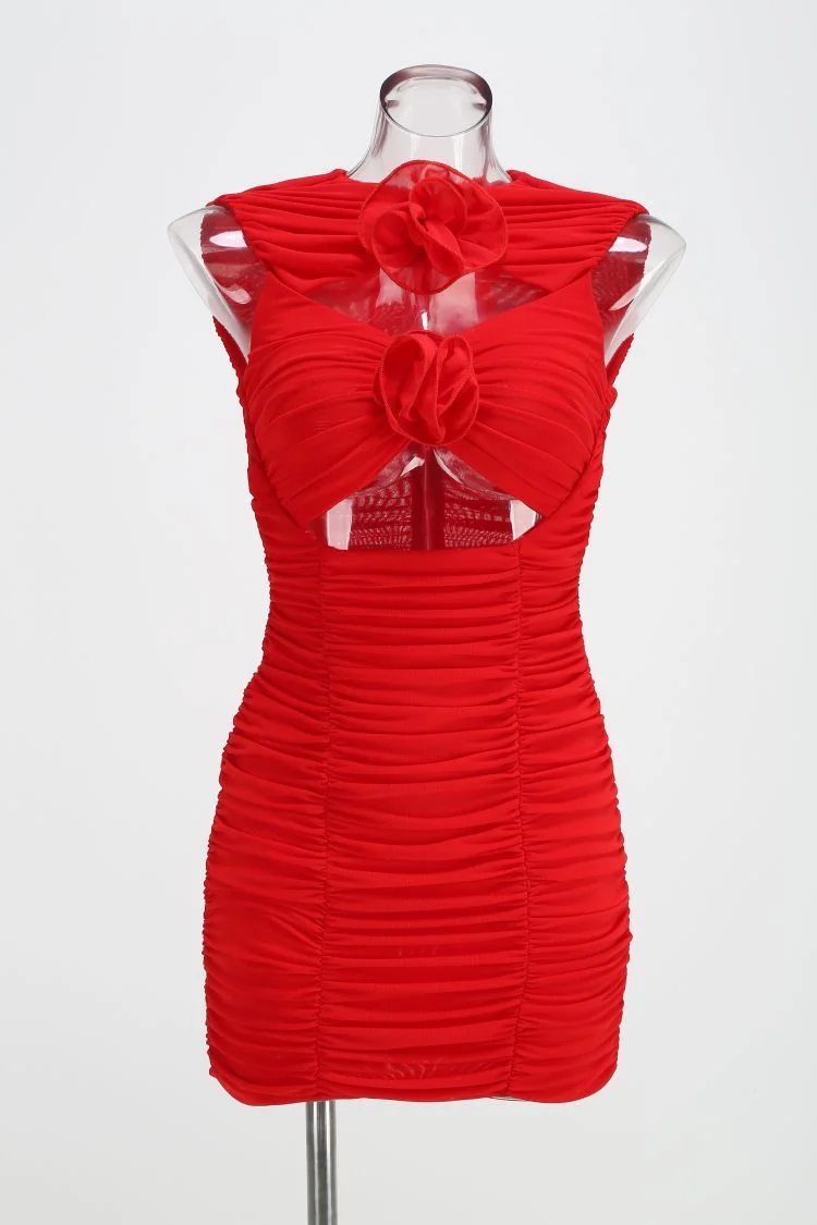 Zingj Women's New Sexy Hollow Sleeveless Dress Flower Decoration Folding Ass Dress Dress Dress