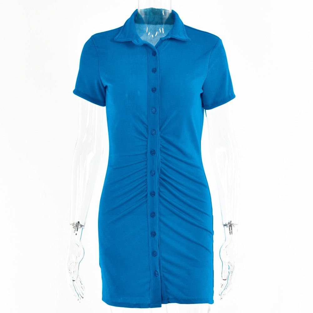 Julissa Mo Ruched Buttons Women Summer Dress Short Sleeve Turn Down Collar Mini Dresses Casual Homewear Vestidos For Party New