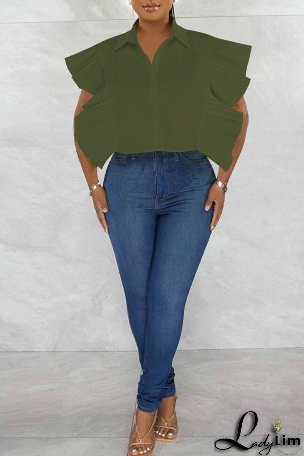 Rose Red Casual Solid Patchwork Buckle Flounce Turndown Collar Tops