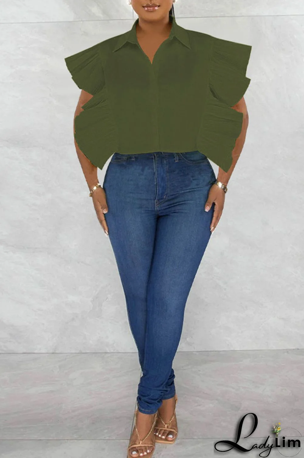 Rose Red Casual Solid Patchwork Buckle Flounce Turndown Collar Tops