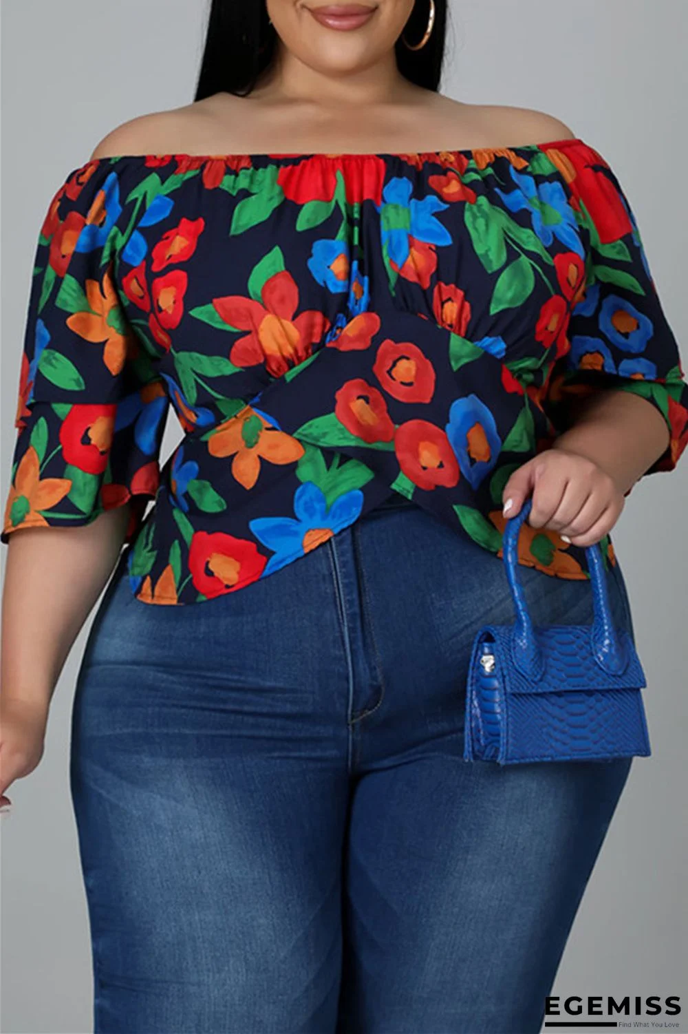 Deep Blue Fashion Casual Print Patchwork Off the Shoulder Plus Size Tops | EGEMISS