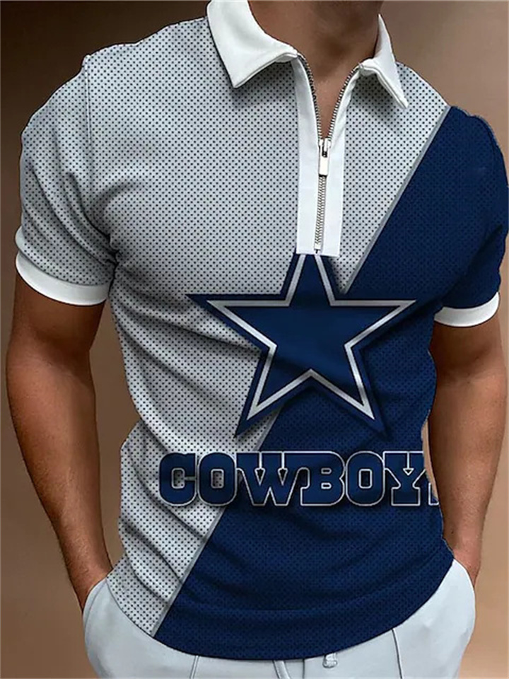 Men's Zipper Short Sleeve Lapel Casual Polo Shirt Printed Blue Gray | 168DEAL