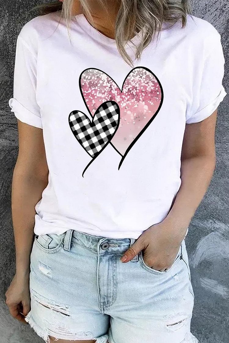 Heart-shaped Pink Floral Plaid T-Shirts