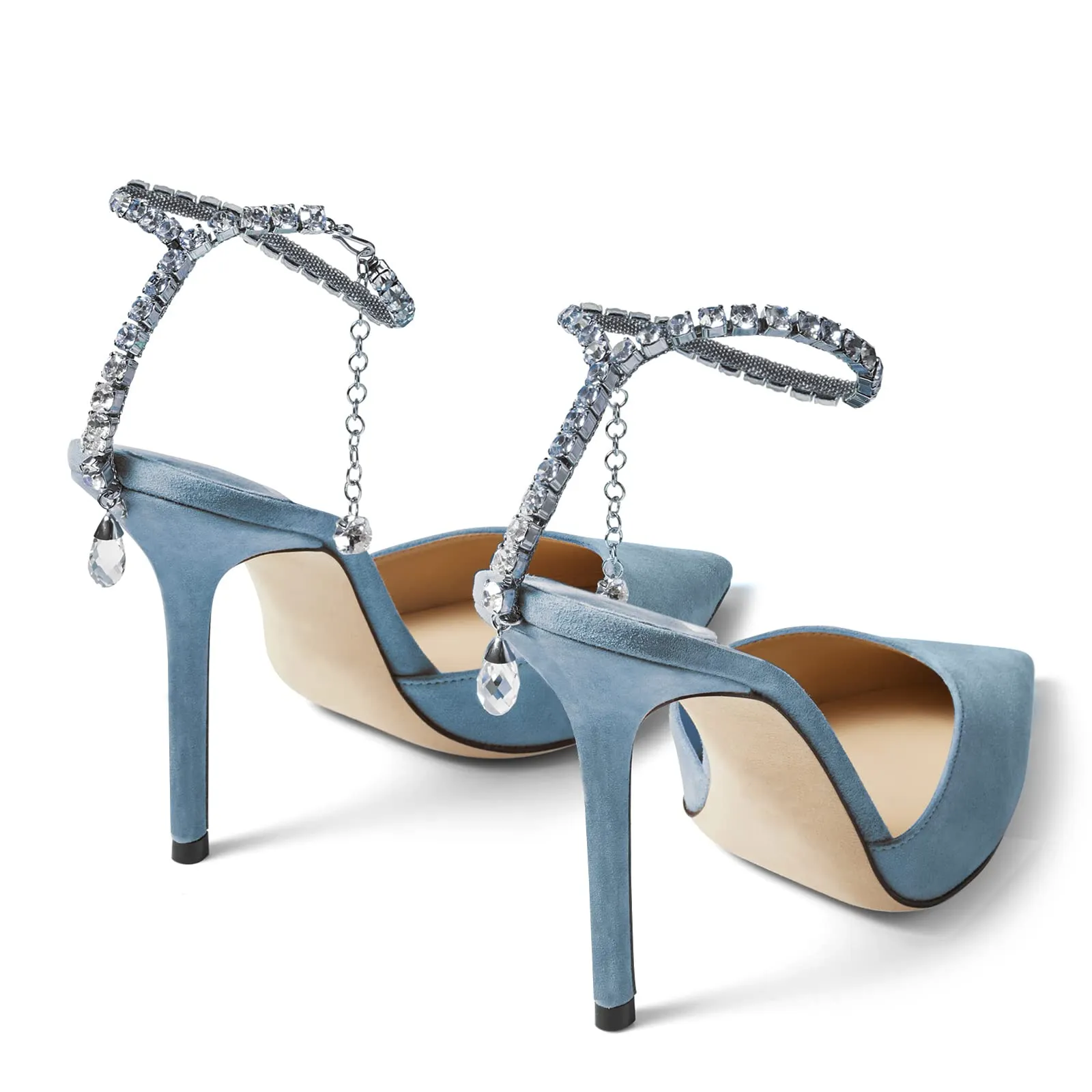 100mm Women's Sandals Crystal Chain Rhinestone Embellished Strap Suede Pumps Pointy Stilettos Backless Shoes-vocosishoes