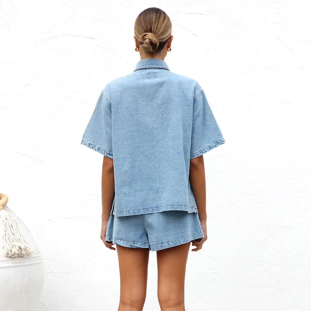 Retro Casual Loose Pockets Short Sleeved Shirt Shorts Denim Two Piece Sets