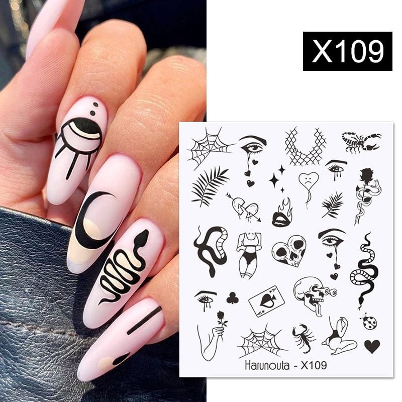 Harunouta Hallooween Water Decals Skull Spider Lady body eyes Christmas Snowflake Stickers For Nails DIY Nail art Decoration