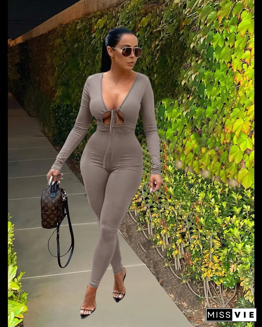 Lace Up Cut Out Long Sleeve Bodycon jumpsuit