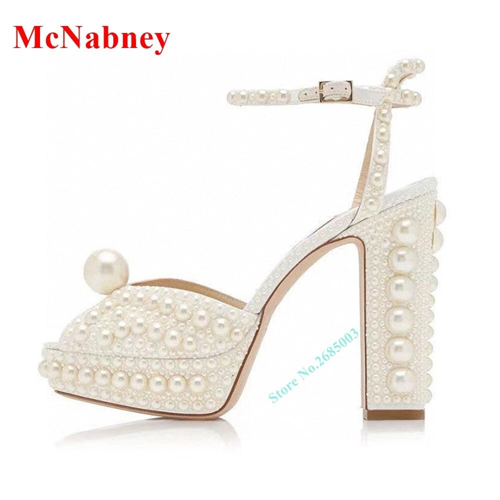 Pearl Peep Toe Platform Sandals Chunky Heel Ankle Buckles Solid Sandal Women Wedding Shoe Fashion Summer Party Dress Sandals New