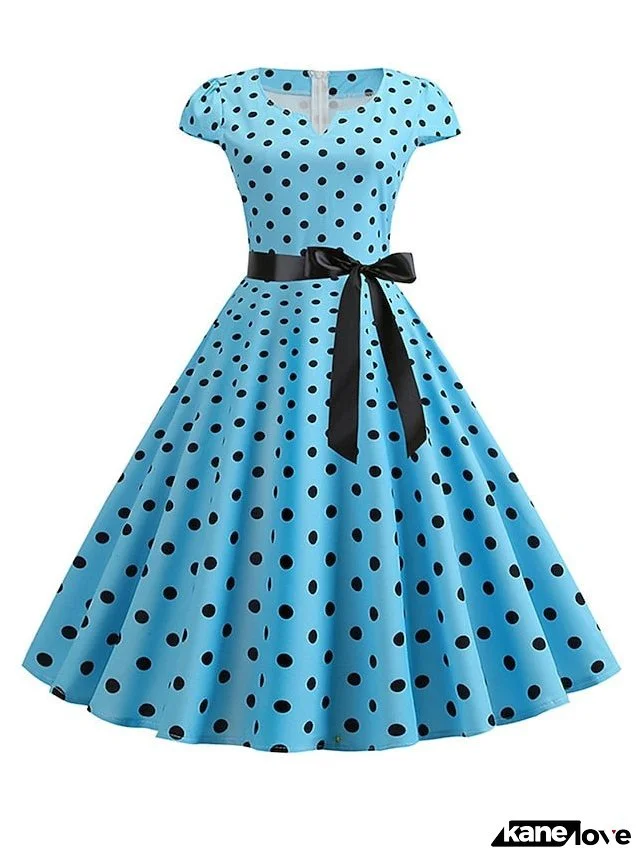 Elegant Retro Vintage Dress Midi Dress Party Outdoor Print Polka Dot V Neck Short Sleeve Regular Fit Summer Spring Light Blue Black S M L XL for Women
