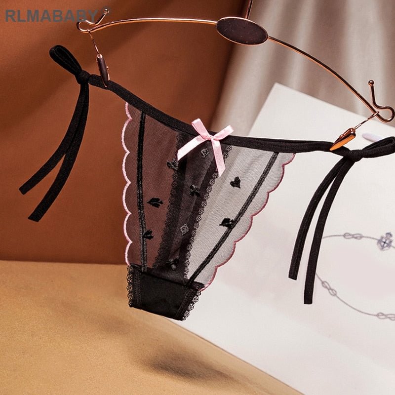 Sexy Transparent Embroidery Mesh Thong Bandage Bow Strap Women Fashion Underwear Panties Briefs Hot Gilr Love G-String Pants