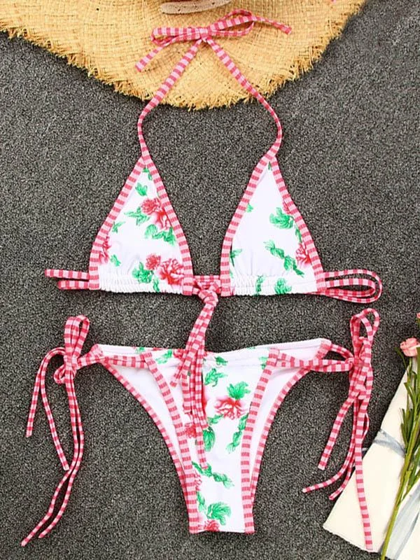 Floral-Print Split-Joint Bandage Triangles Split Bikini Swimsuit