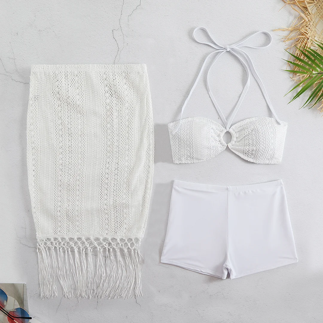 Brownm Pure White Mesh Hollow Timeter Strap Bikini Half-Body Skirt Three-Piece Set 2025 New Split Swimsuit