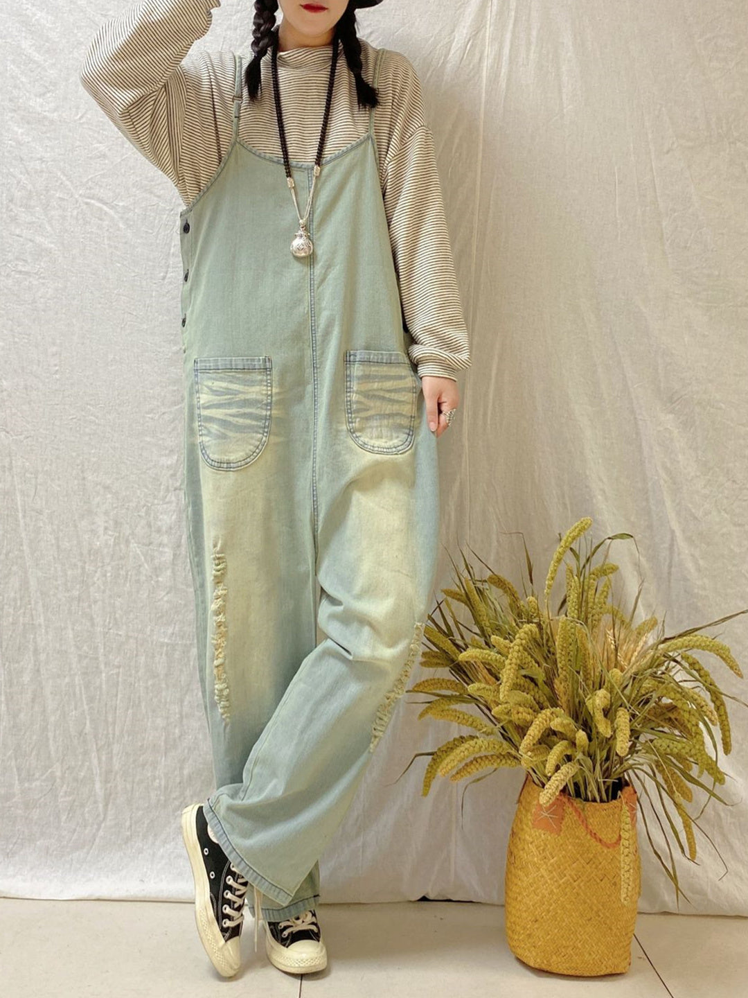 Women's Casual Retro Cropped Workwear Denim Overalls Jumpsuit