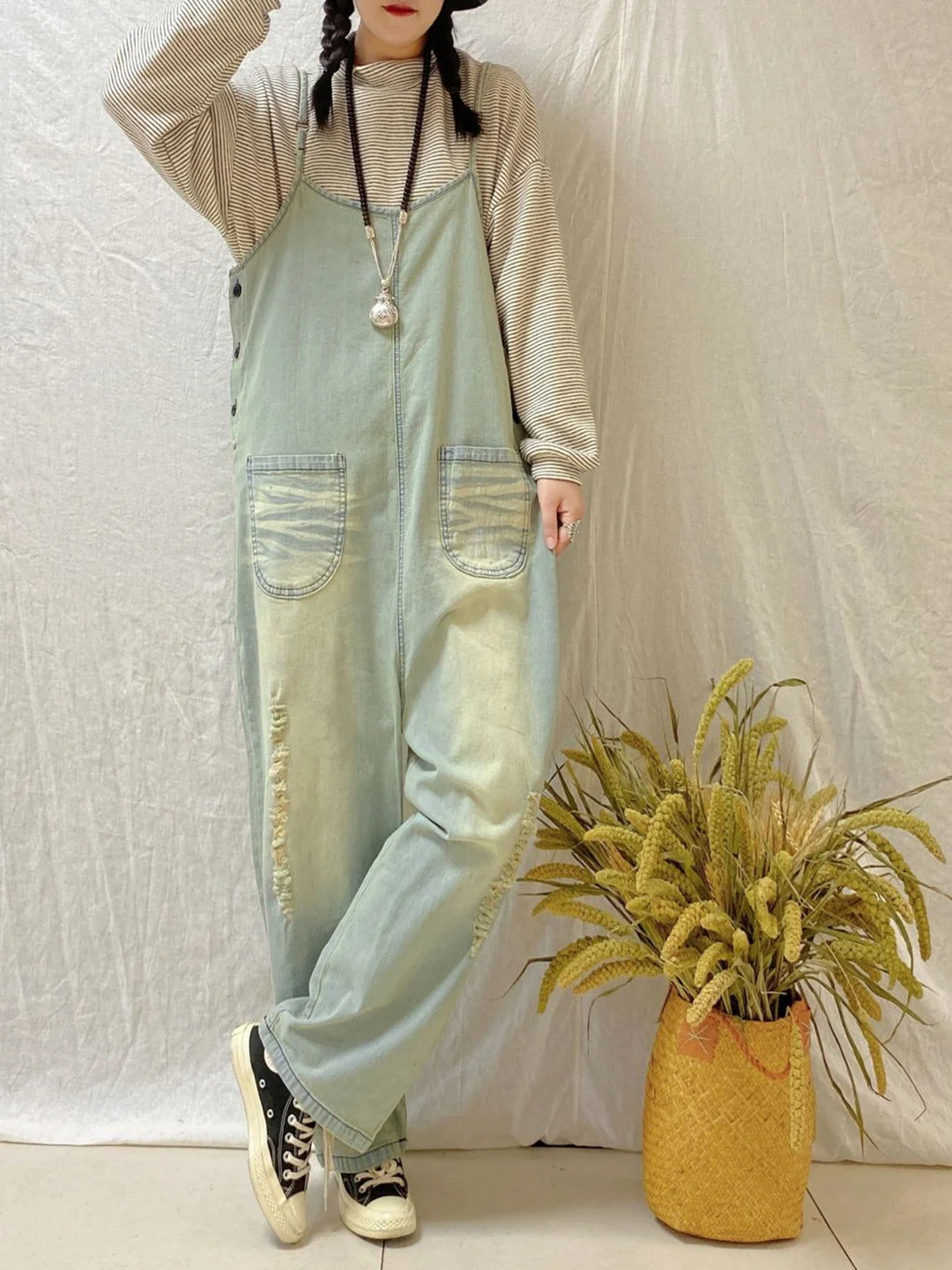 Women's Casual Retro Cropped Workwear Denim Overalls Jumpsuit