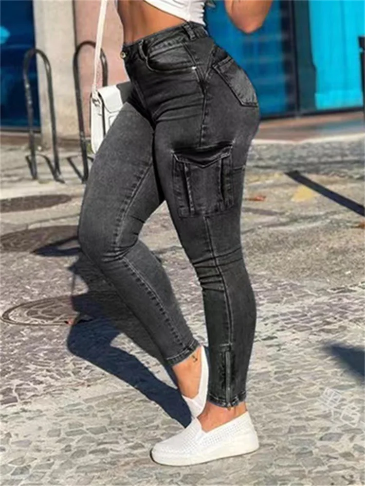 Flap Pocket Washed Skinny Cargo Jeans