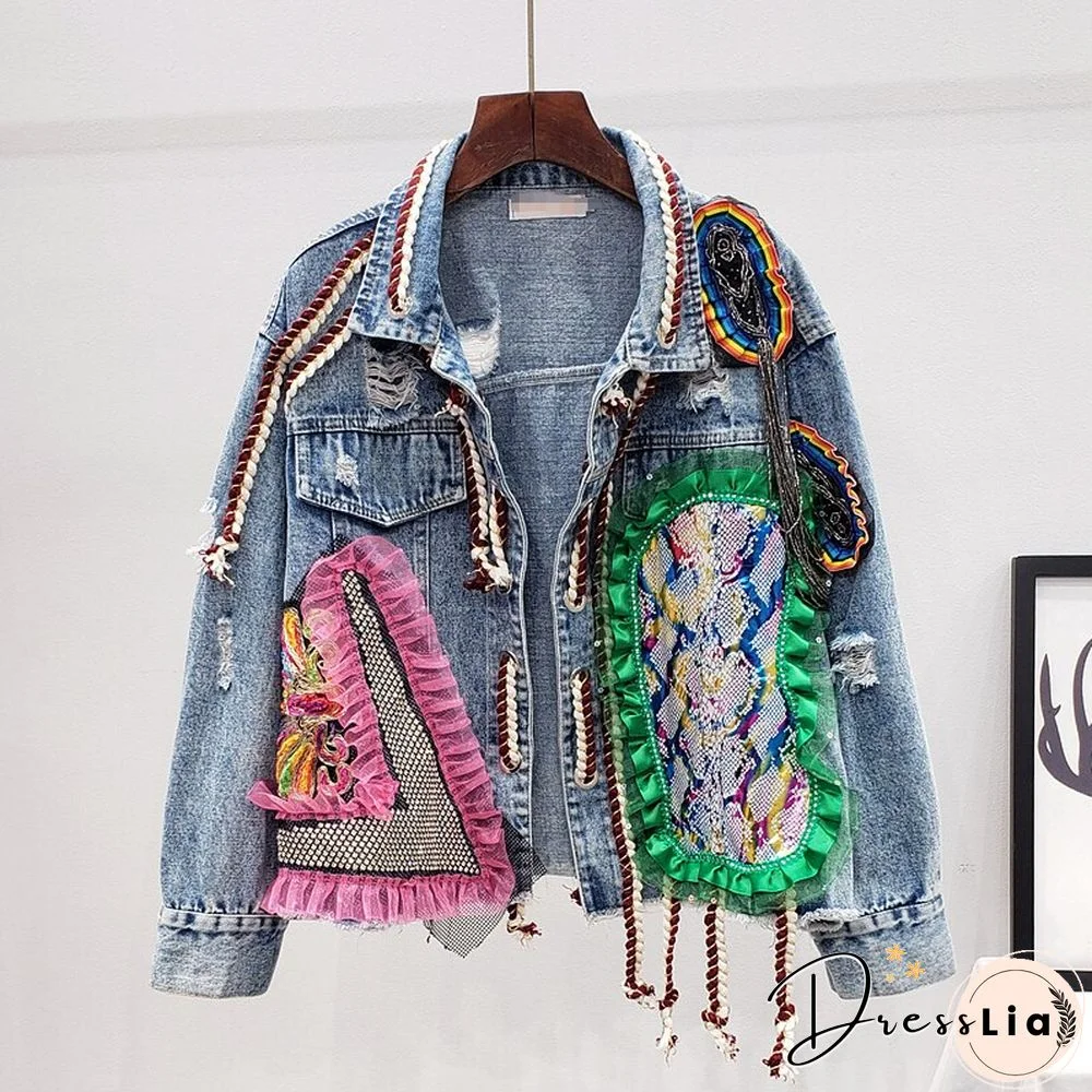 Spring Autumn Streetwear Print Hole Diamonds Denim Jacket Women Mesh Lace Up Short Casual Jean Coat Female Outwear Tops