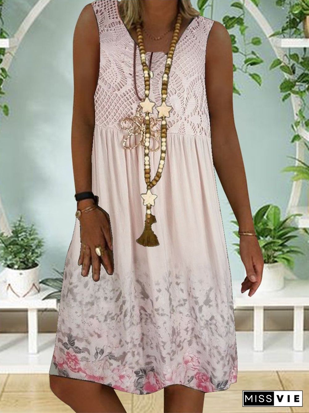 Women Sleeveless Lace Floral Printed Dress