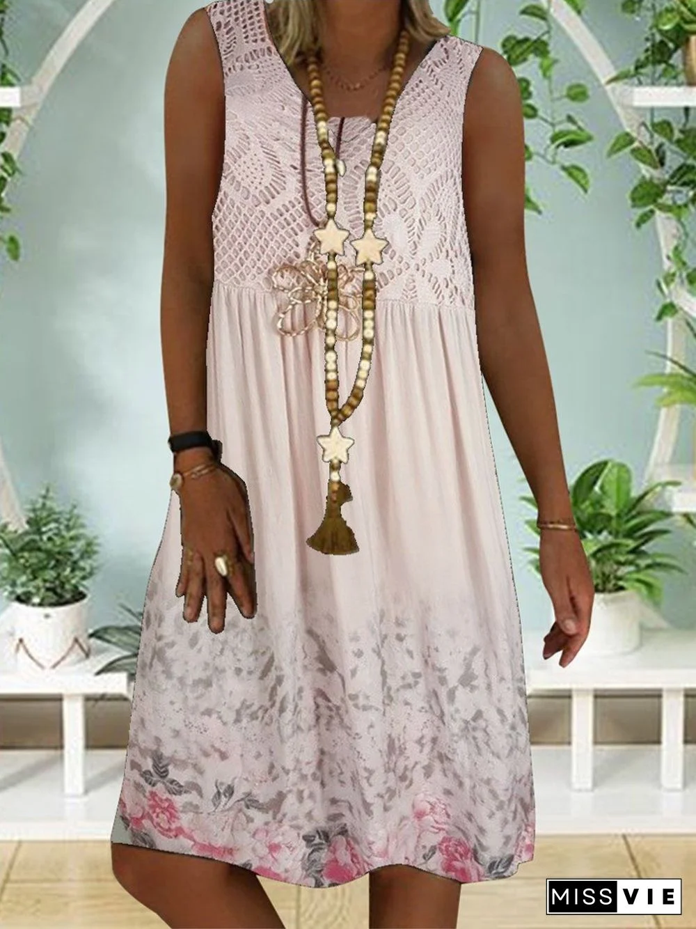 Women Sleeveless Lace Floral Printed Dress