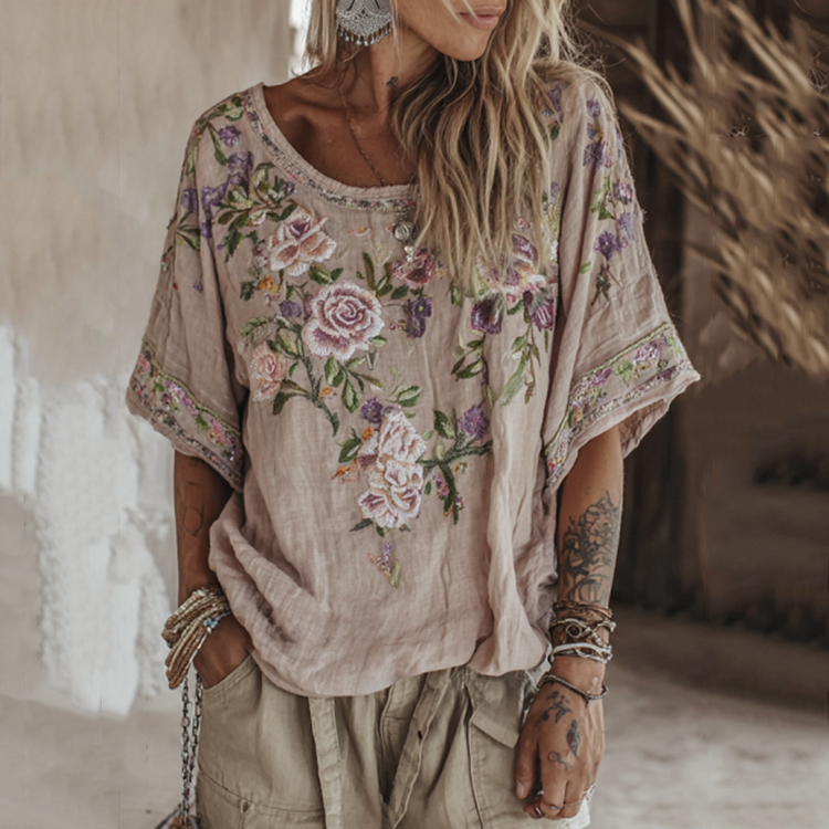 Vintage Purple Floral Embroidered Linen Short Sleeve Shirt