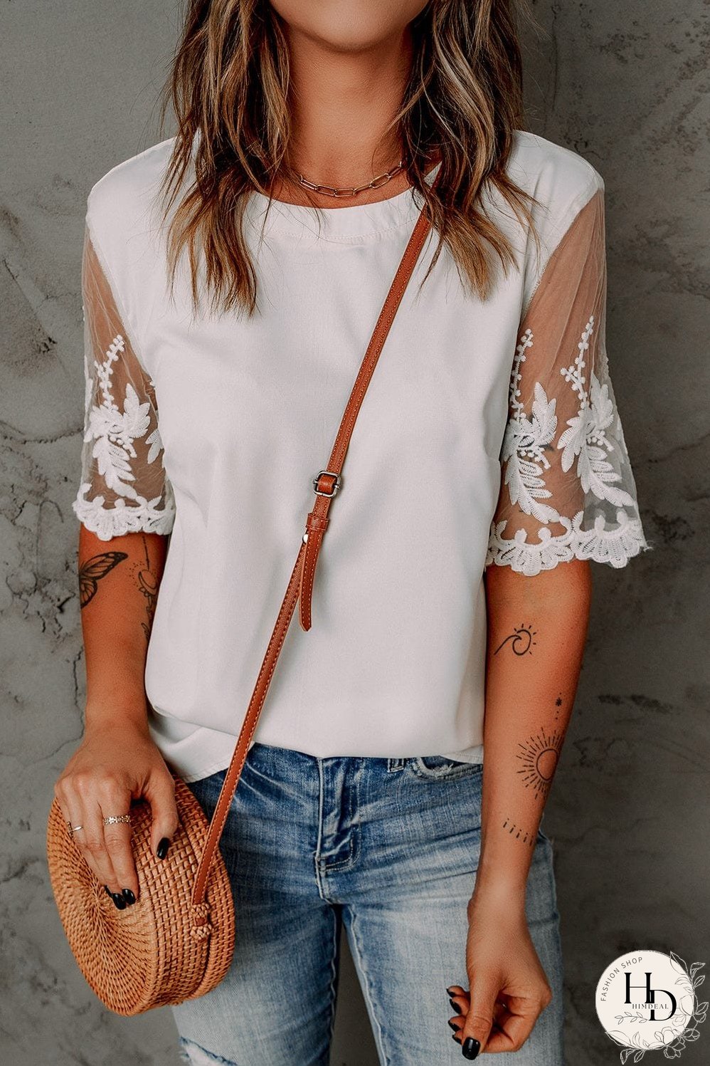 Sheer Floral Lace Short Sleeve Black Top