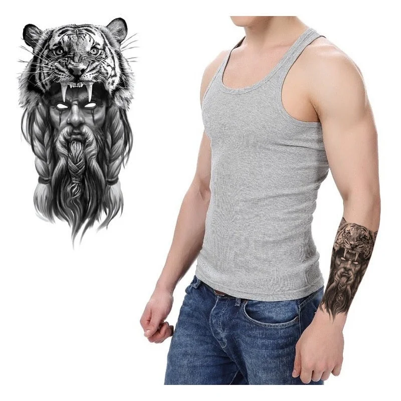 12sheets Lion Tiger Waterproof Tattoo Stickers Men Women Half Arm Calf Water Transfer Fake Tattoo Animal Pattem Temporary Tattoo
