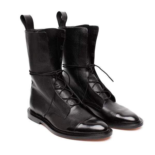 New SHENGY Patent Leather British Style Flat Boots Black Pointed Toe Boots Handsome Motorcycle Boots Women's Boots