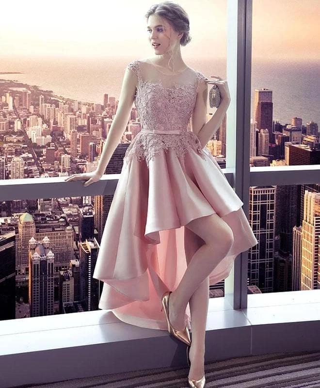 Pink Lace Satin High Low Prom Dress, Homecoming Dress
