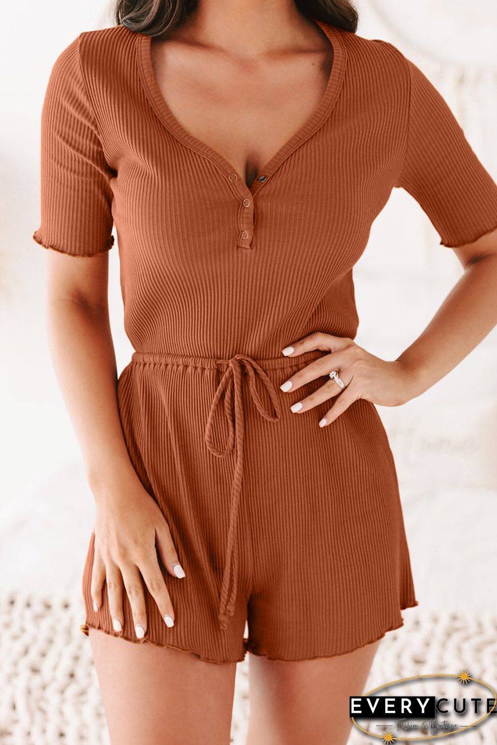 Ribbed Ruffled Button V Neck Drawstring High Waist Romper
