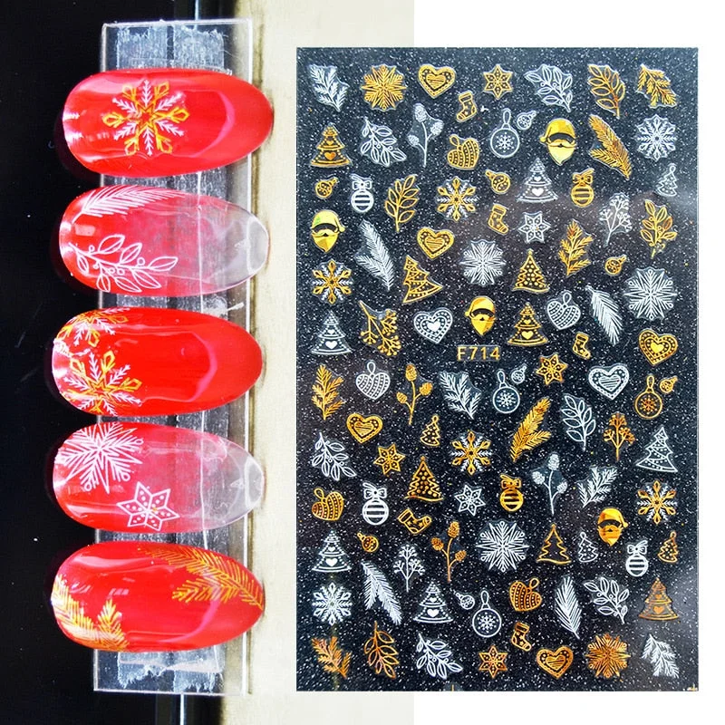 3D Christmas Nail Art Decoration Stickers Sparkly Gold White Colorful Glitter Geometry Snowflake Winter Slider Nail Foils-Nail Inspo
