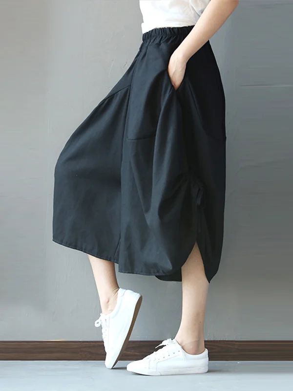 Split-Joint Solid Color Elasticity Drawstring Wide Leg Loose Pants Cropped Trousers