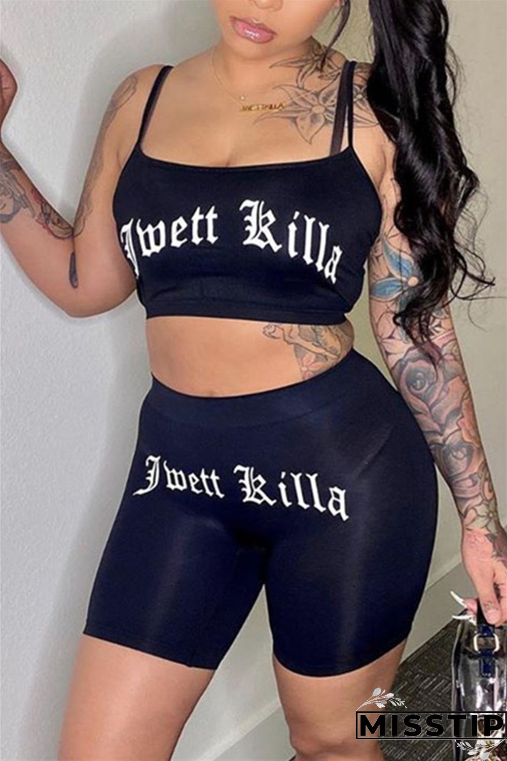 Black Casual Letter Straight Sleeveless Two Pieces