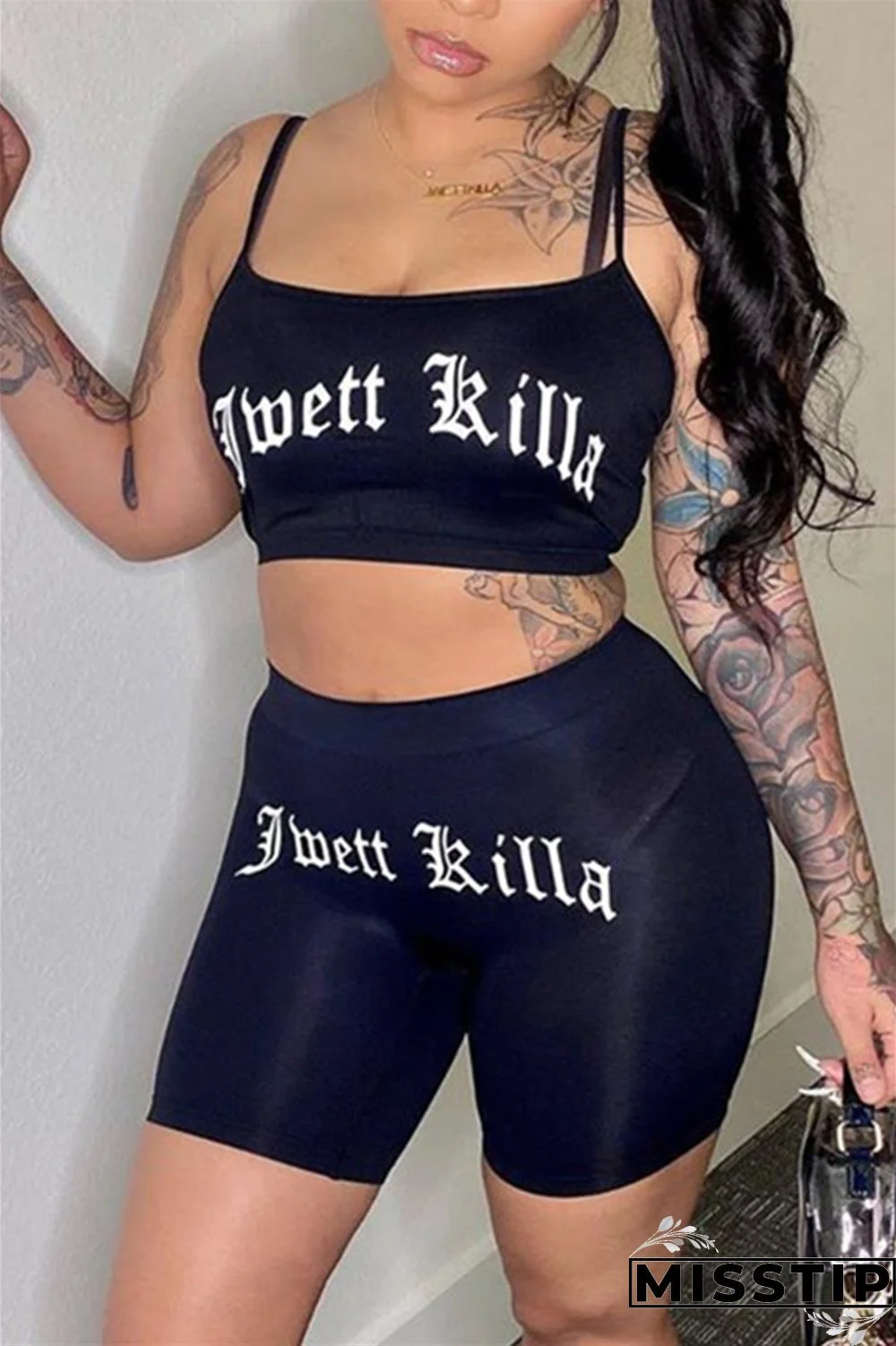 Black Casual Letter Straight Sleeveless Two Pieces