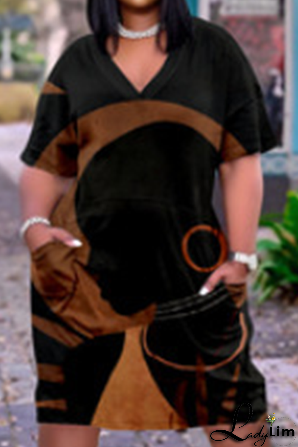 Black White Casual Print Split Joint V Neck Straight Dresses