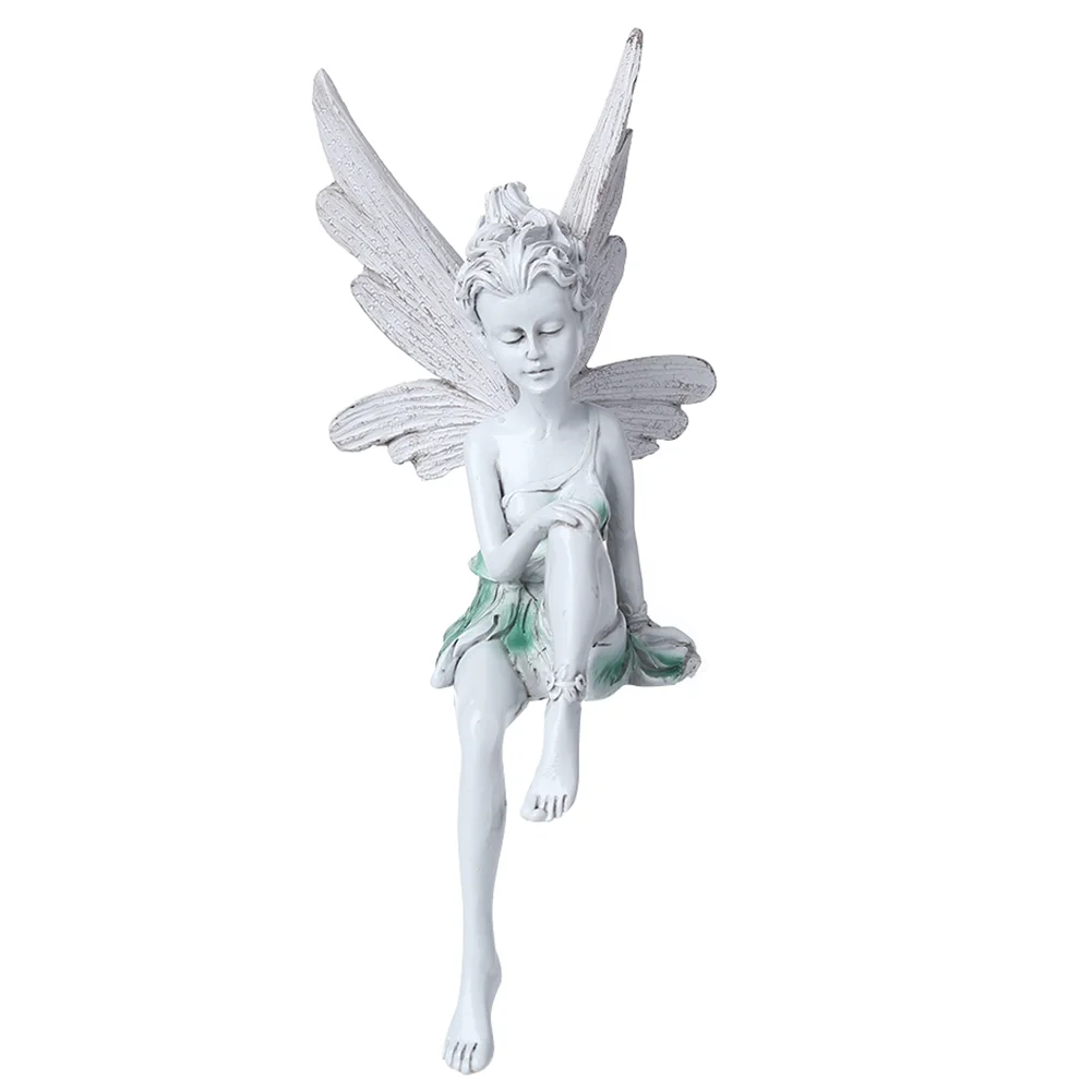 Flower Fairy Sculpture Resin Turek Sitting Statue Angel Yard Decor (White)