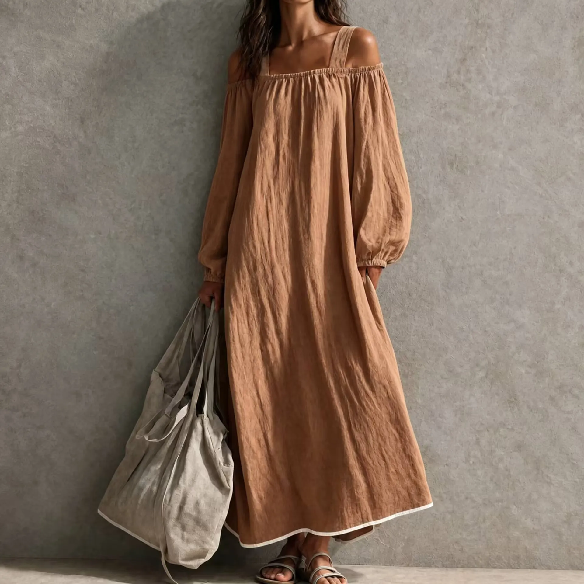 Women's Cold Shoulder Strap Puff Long Sleeve Linen Maxi Dress | 168DEAL