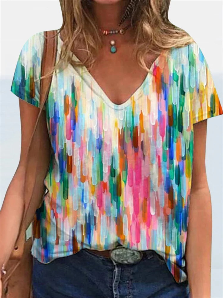 Colorful Abstract Art V Neck T Shirt
