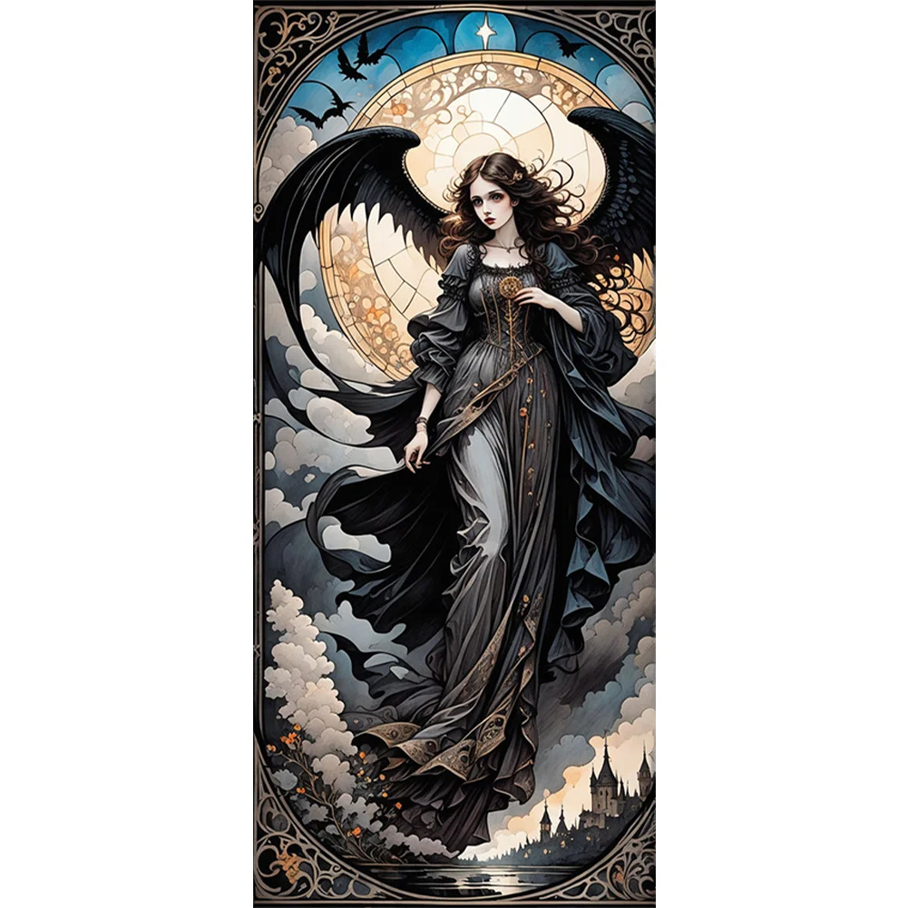 11CT Full Stamped Cross Stitch - Black Dress Girl Wing(Canvas|40*90CM)