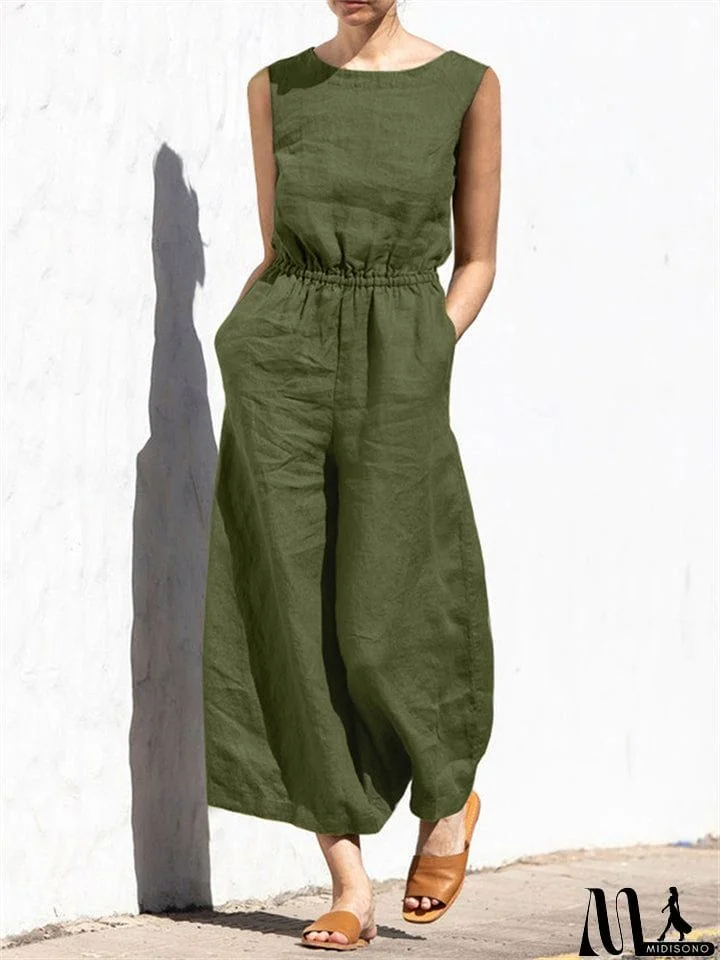 MidiSono - Summer Solid High Waist Sleeveless Lady Fashion Classy Jumpsuit