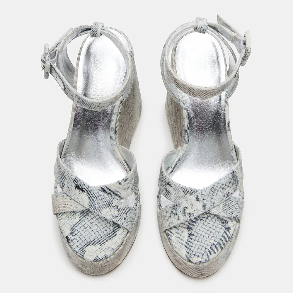 YDN Grey Python Print Open Toe Platform Wedge Sandals for Women