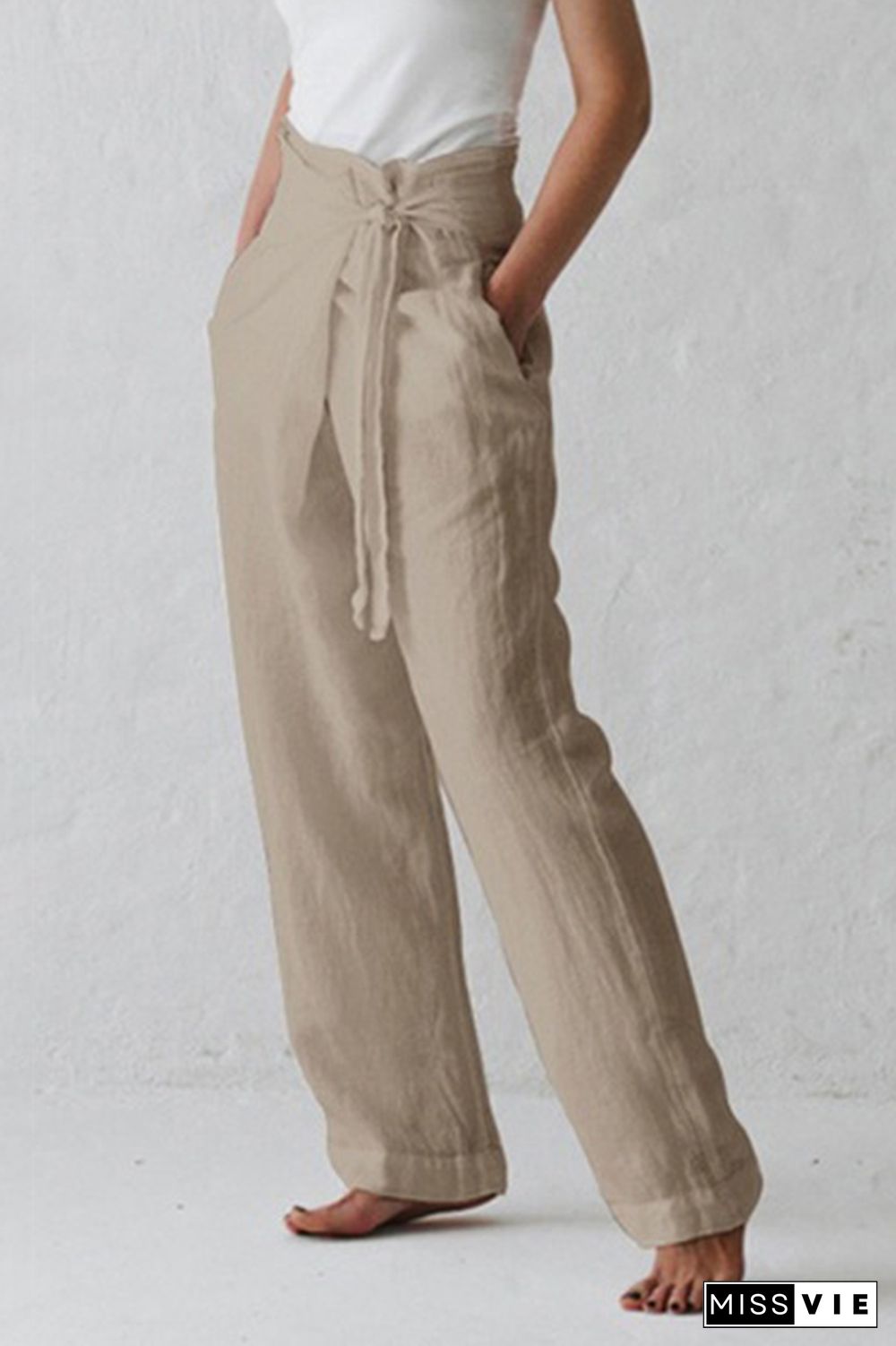 Casual Solid Strap Design Straight Mid Waist Solid Color Bottoms